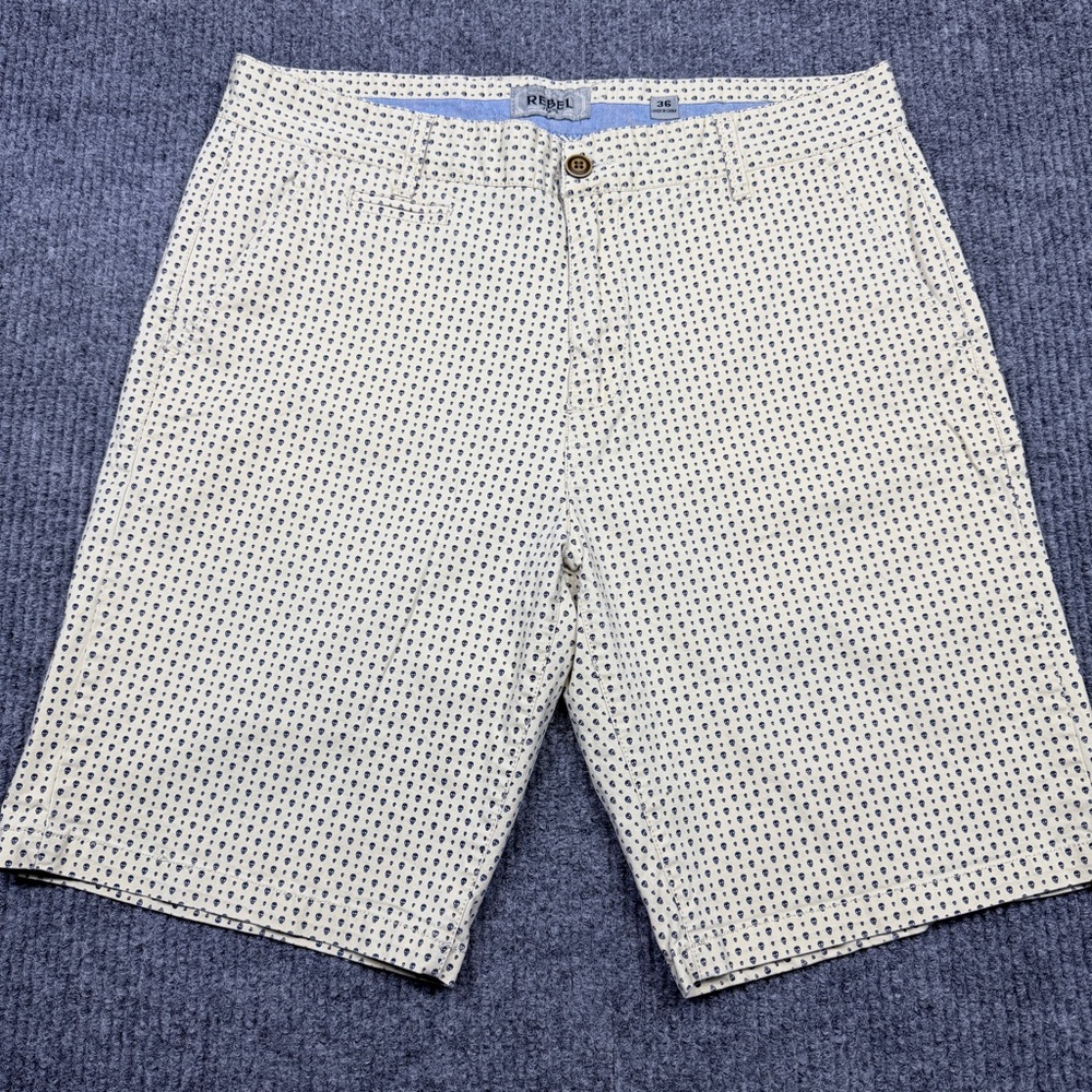 Mini Skull Print Rebel Jeans Shorts Mens 36 Cream Navy Stretch Chino Preppy Golf